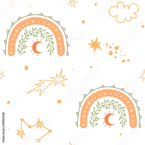 Rainbow seamless pattern with moom and sters. Abstract boho wallpaper. Kids pattern for nursery. Cute baby print. Vector childish backgroundcard design. Spring childish postcard in scandinavian style.