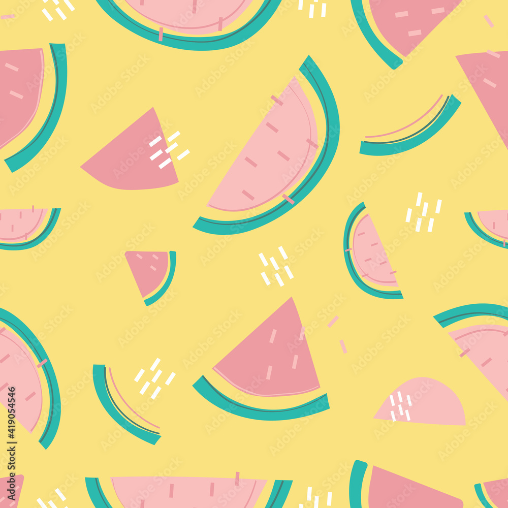 Abstract and doodle seamless pattern with fresh watermelon on yellow background. Watermelons pattern vector good for wrapping paper, home decor, packaging, T-shirt, textile fabric print, poster, banne Abstract and doodle seamless pattern with fresh watermelon on yellow background. Watermelons pattern vector good for wrapping paper, home decor, packaging, T-shirt, textile fabric print, poster, banne
