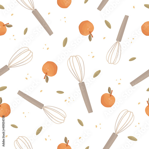 Seamless pattern, vector illustration in a hand-drawn style. Whisk and apple, abstract dots. Leaves on a white background. Food preparation, homemade desserts, breakfast recipe. Print design, fabric.