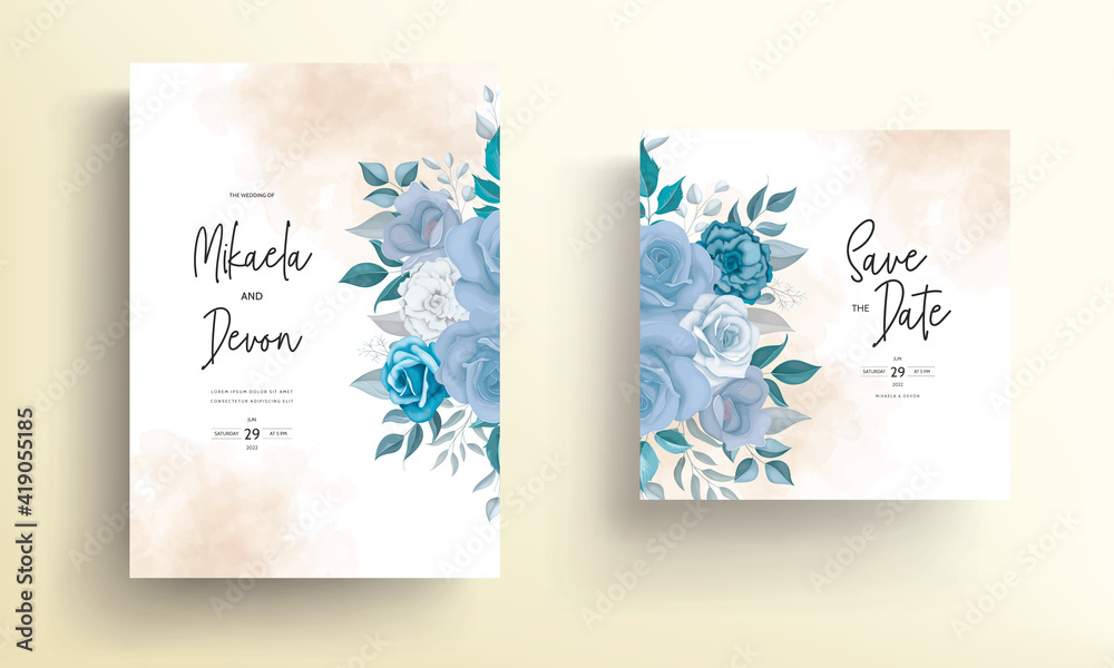Modern wedding invitation card with blue flowers 