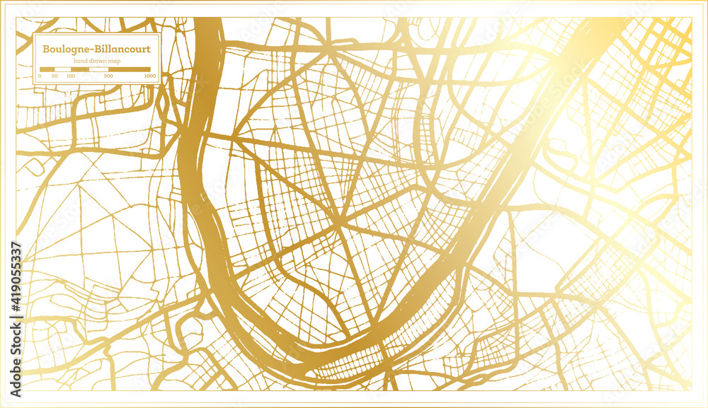 Boulogne Billancourt France City Map in Retro Style in Golden Color. Outline Map.