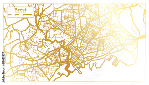 Brest France City Map in Retro Style in Golden Color. Outline Map.