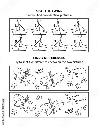 Activity sheet for kids with two puzzles. Coloring page.