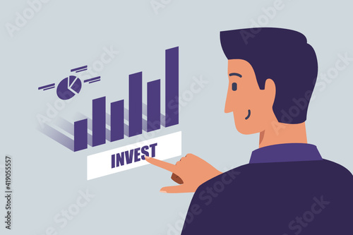 Man Decide to Invest on a Growing Stock or Investment with Increasing Statistic Bars and Chart Featured on Screen. Business and Finance Flat Vector Cartoon Design Illustration.