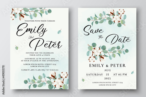 Green eucalyptus and cotton wedding invitation