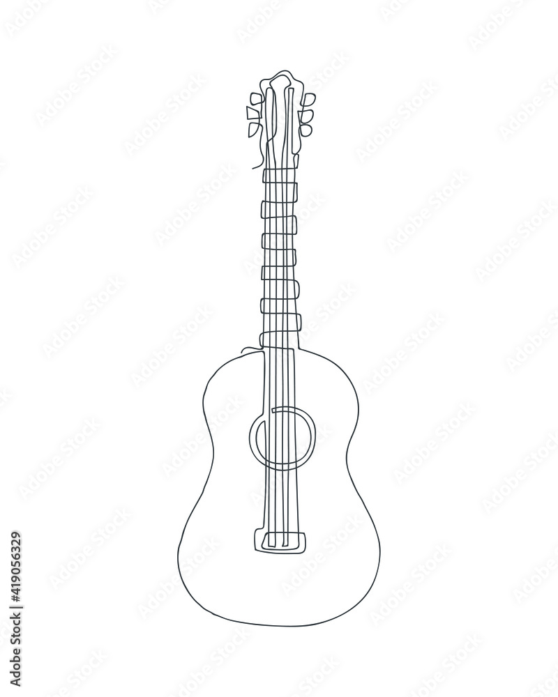 Continuous one line drawing of acoustic guitar