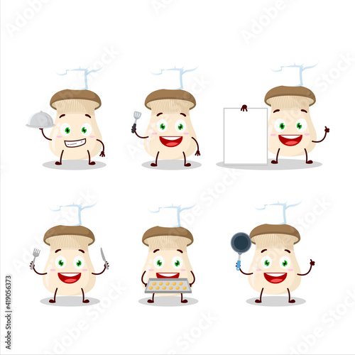 Cartoon character of king trumpet mushroom with various chef emoticons