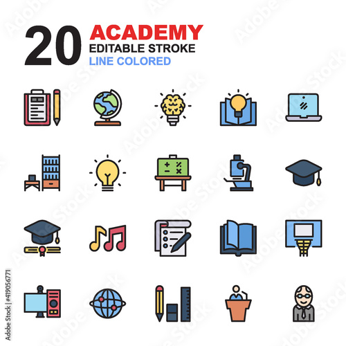 Icon Set of Academy. Line color icons vector. You can use for web, app and more. Editable Stroke and pixel perfect.