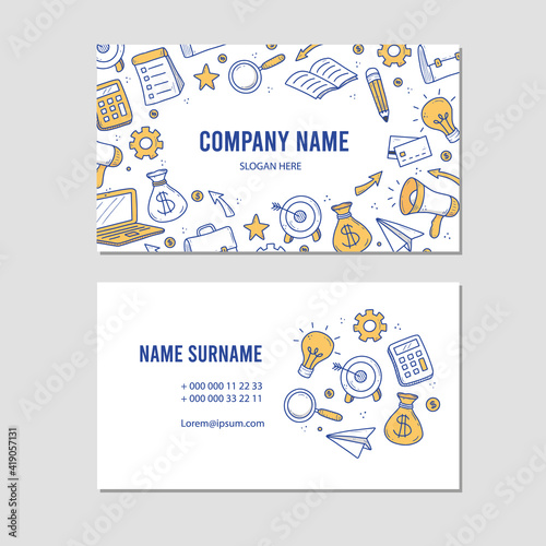 Hand drawn visit card of business and finance elements, coin, calculator, piggy. Doodle sketch style. Business element drawn by digital pen. Illustration for finance company business card template