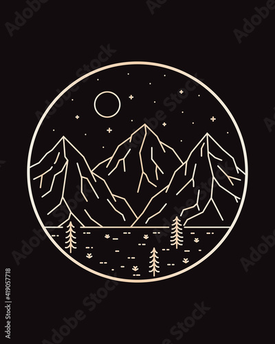 landscape illustration of three mountains and some pine trees with may stars in mono line art, Abstract vector illustration, T-Shirt Art, Design Vector-1