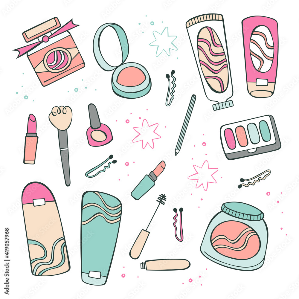 Cosmetics. Cream and cosmetic masks. Makeup: eye shadow, powder, mascara, lipstick, nail polish. Perfume. Cartoon doodles set. Isolated vector objects on a white background. 