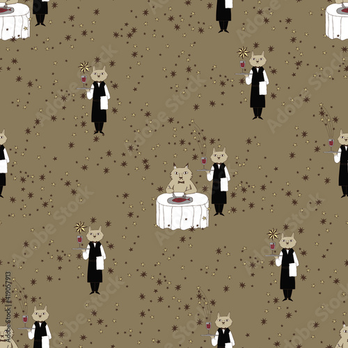 猫とレストラン。シームレスなパターン。テキスタイル、壁紙、包装紙のデザイン。