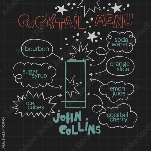 John Collins cocktail. Cocktail menu. Alcoholic cold drinks. Recipe. Lettering, arrows, dialog clouds. Stars and dots, blots. Gray checkered background. Isolated vector objects. Cartoon glass. 