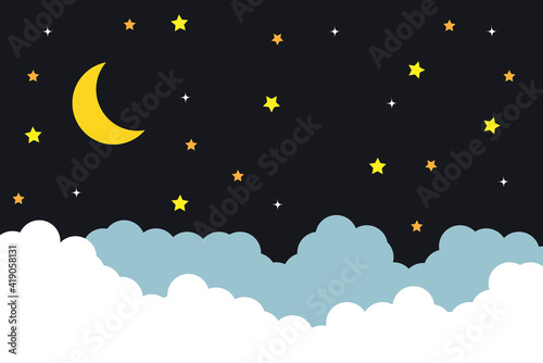 night sky with stars and moon. paper art style.Vector of a crescent moon with stars on a cloudy night sky.
Moon and stars background.Vector EPS 10.