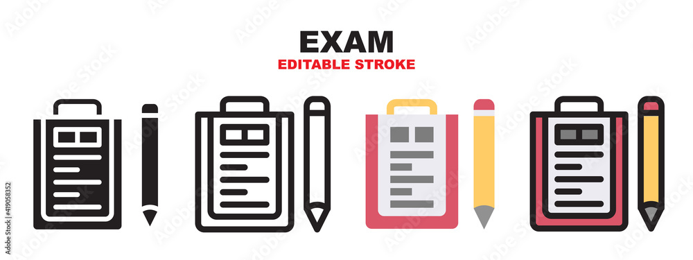 Exam icon set with different styles. Editable stroke and pixel perfect. Can be used for web, mobile, ui and more. Exam icon set with different styles. Editable stroke and pixel perfect. Can be used for web, mobile, ui and more.