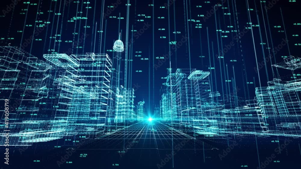 3D Lines through digital binary city Loop Background. Concept of big data, machine learning, artificial intelligence, hyper loop, virtual reality, high speed network. hologram digital environment.