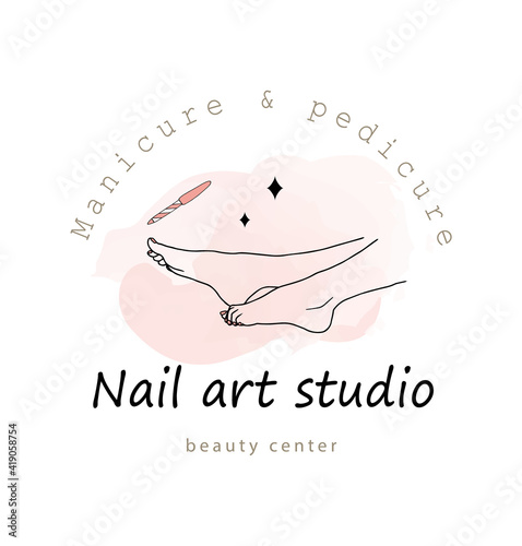 Vector logo template for nail art studio. Modern design for manicure and pedicure salon beauty and spa center. Linear illustration isolated on pink watercolor background.