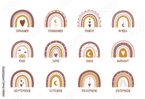 Rainbows in boho style with months. Scandinavian design for wallpaper and home decor. Contemporary backgrounds for childbirth, birthday, to-do list, planner and calendar. Modern vector illustration.