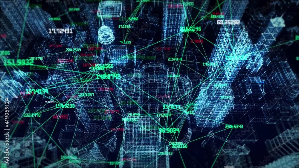 Digital cyberspace, Digital data network cloud computing connections Loop Animation. HUD Futuristic Digital Hologram Of Building Matrix Hi Technology Information Report Include With Big Data