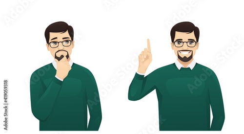 Handsome business man in casual clothes thinking looking away and making idea pointing up isolated on white background vector illustration