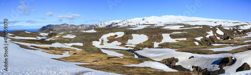 Panoramic view of Eyjafjallajoekull covered in snow, Iceland