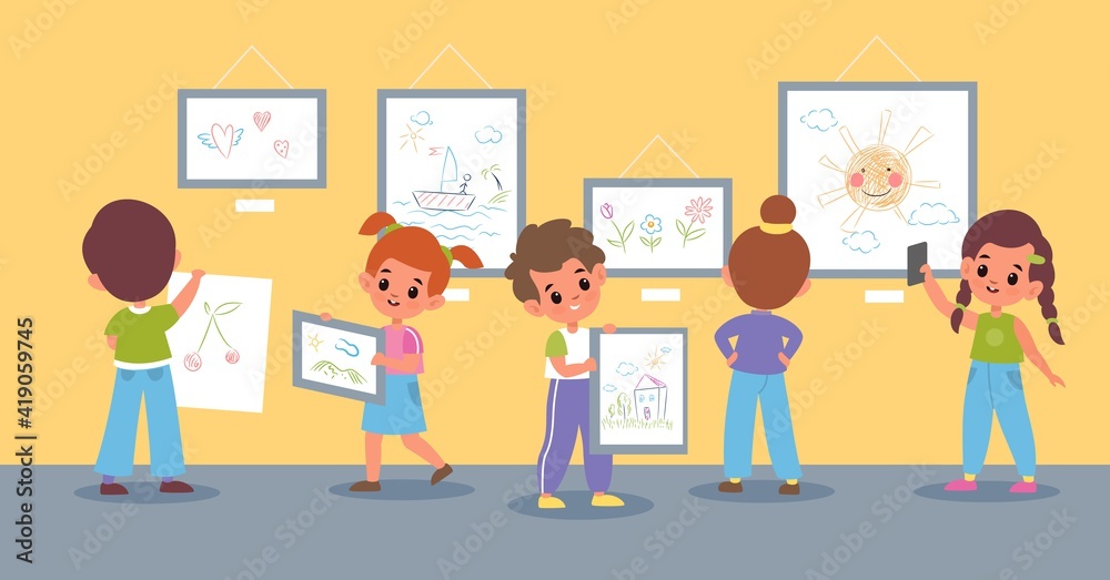 Children drawings exhibition. Boys and girls pictures presentation in school or kindergarten, hanging kids paintings and artworks in museum hall, young artists vector isolated concept Children drawings exhibition. Boys and girls pictures presentation in school or kindergarten, hanging kids paintings and artworks in museum hall, young artists vector isolated concept