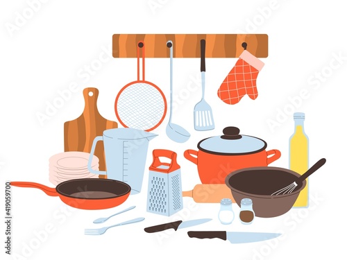 Kitchen utensils. Baking and cuisine tools composition, cookware and tableware, cartoon pots and pans, knives and forks, cutting board and grater for vegetables vector concept