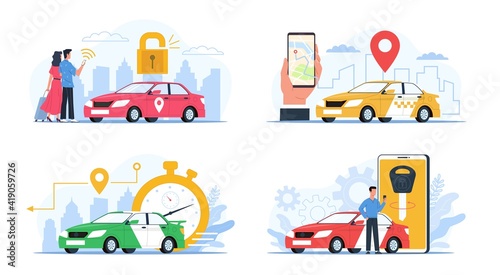 Carsharing service. Cars rental and exchange smartphone applications, city taxi tag, people use mobile search transport app. GPS navigation and reliable car order. Vector concept set