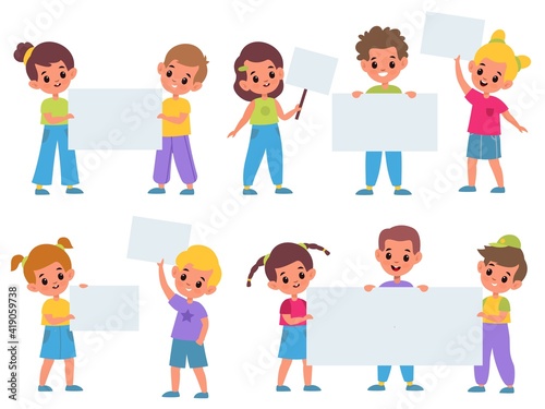 Kids holding banners. Funny children with clean advertising posters collection, boys and girls meeting, placards for text templates. Pupils with sheets, empty frame cartoon vector set