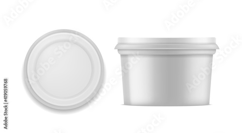 Yogurt package. White blank container for dessert, ice cream or milk products top and side view, realistic closed round box with cap, brand identity template vector 3d mockup