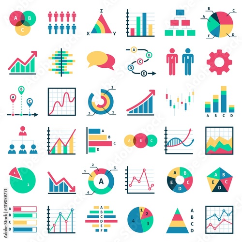 Business data charts. Financial marketing diagrams, graphical schemes analytic report, statistical graphs, info presentation collection. structure progress and process vector set