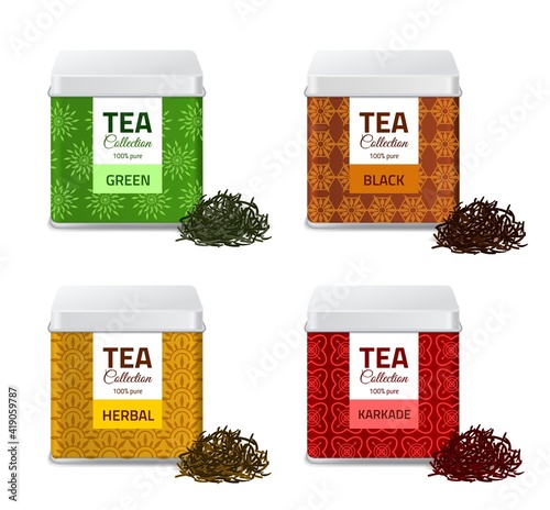 Design product package. Realistic tin boxes with tea, metallic gift pack and black, red and green dry leaves, aluminium square containers set bulk products jars vector isolated mockups