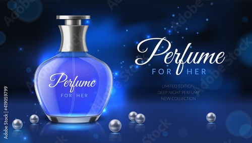 Realistic perfume. Women fragrance toilet water advertisement, cosmetics bottle ad poster template, glass 3d phial, cosmetic blank glamour promotional banner dark colors. Vector concept