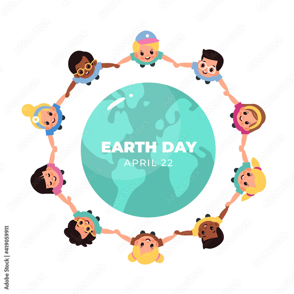 Kids earth world day. Children hold hands around globe, multicultural boys and girls closed circle, friends lead round dance ecology honor. Save our planet vector cartoon concept Kids earth world day. Children hold hands around globe, multicultural boys and girls closed circle, friends lead round dance ecology honor. Save our planet vector cartoon concept