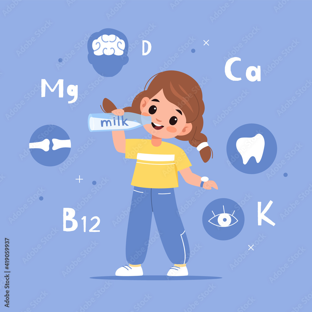 Child drink milk. Happy girl holding bottle healthy beverage, cows milk