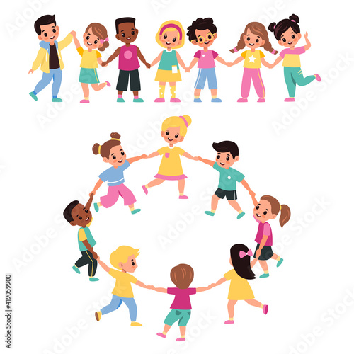 Kids holding hands. Happy multicultural cute preschool children lead round dance together, girls and boys form chain and ring, little friends clasped hands. Vector cartoon flat set