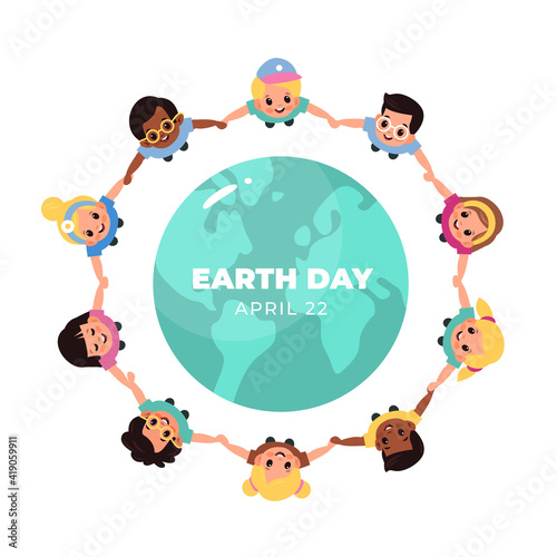 Kids earth world day. Children hold hands around globe, multicultural boys and girls closed circle, friends lead round dance ecology honor. Save our planet vector cartoon concept