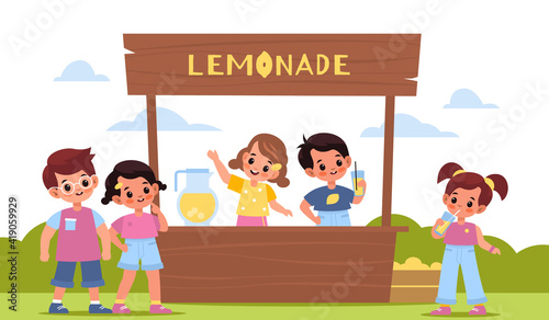 Children lemonade. Happy kids make lemon drink, little sellers behind the counter outdoor, boys and girls buy fruit water. Summer citrus beverage, wooden stall vector cartoon concept