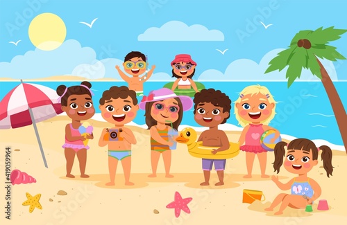 Beach kids. Happy children summer holidays, cute boys and girls in swimsuits playing with toys sand and splash near the shore, sea vacation. Seaside landscape vector cartoon concept © YummyBuum
