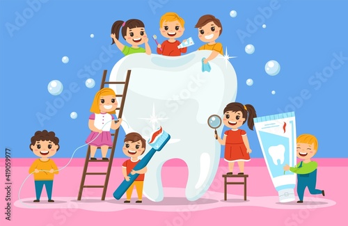 Big tooth and kids. Oral cavity hygiene, orthodontic education poster, children group around big white tooth, cleaning items toothpaste and toothbrush. Child stomatology vector concept