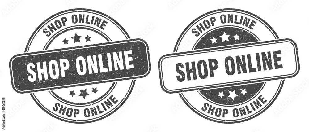 shop online stamp. shop online label. round grunge sign