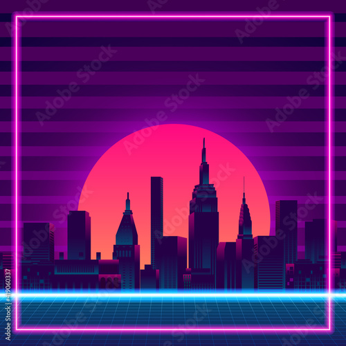big city urban silhouette skyscraper building sunset neon blue pink purple color retro 80s vintage style