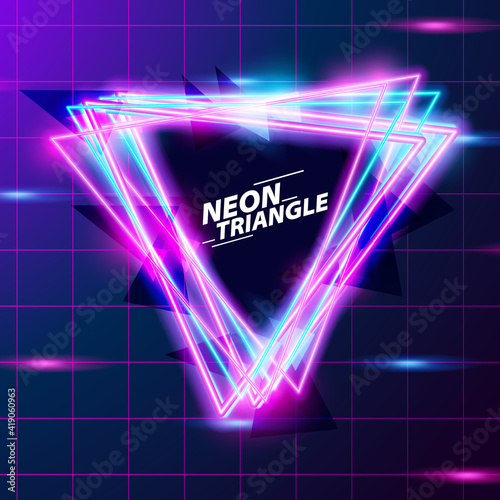 abstract triangle neon glow purple and blue color with tile background fro retro 80s disco night club