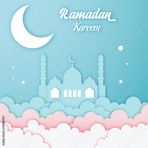 Islamic Beautiful Papercut Ramadan Kareem White Banner. Vector design 3D carving art with Ramadan Mubarak and Eid Mubarak greeting
