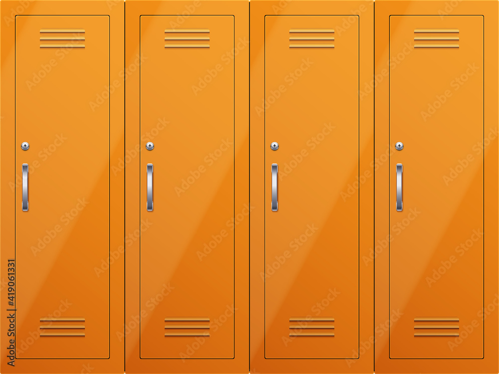 Fototapeta premium Gym lockers in orange color with handles and key lock. Orange Metal locker cabinets for gym and locker rooms in college. Vector Illustration isolated on white background.