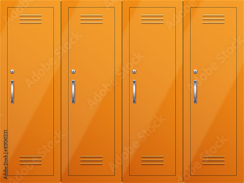 Gym lockers in orange color with handles and key lock. Orange Metal locker cabinets for gym and locker rooms in college. Vector Illustration isolated on white background.