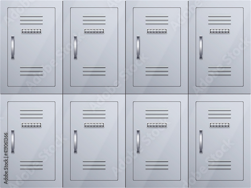 Lockers cabinets at railway station or airport. Row luggage lockers with combination lock. Vector Illustration isolated on white background.