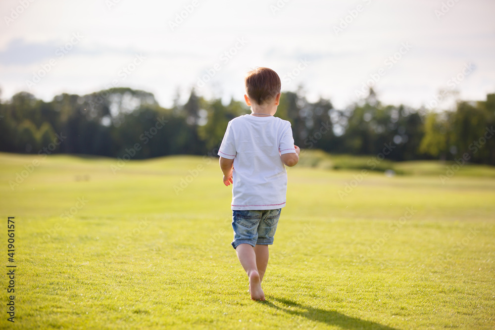 Little boy runs on the grass. Back side. Summer activity in a park