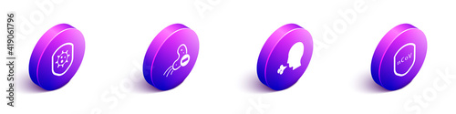 Set Isometric Shield protecting from virus, Negative virus, Man coughing and Shield protecting from virus icon. Vector.