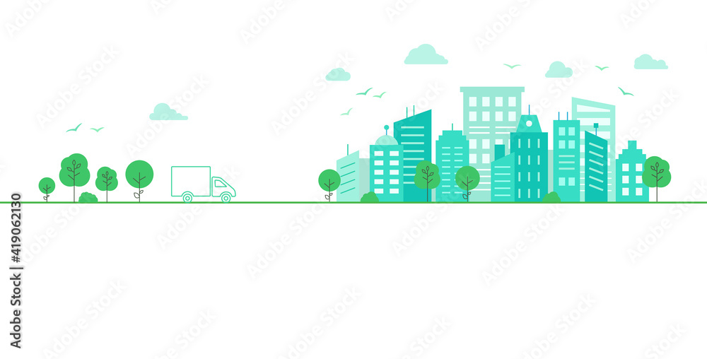 Light background with urban landscape. Car goes on the road to the city. Panorama architecture buildings. Urban life Vector illustration in flat style.